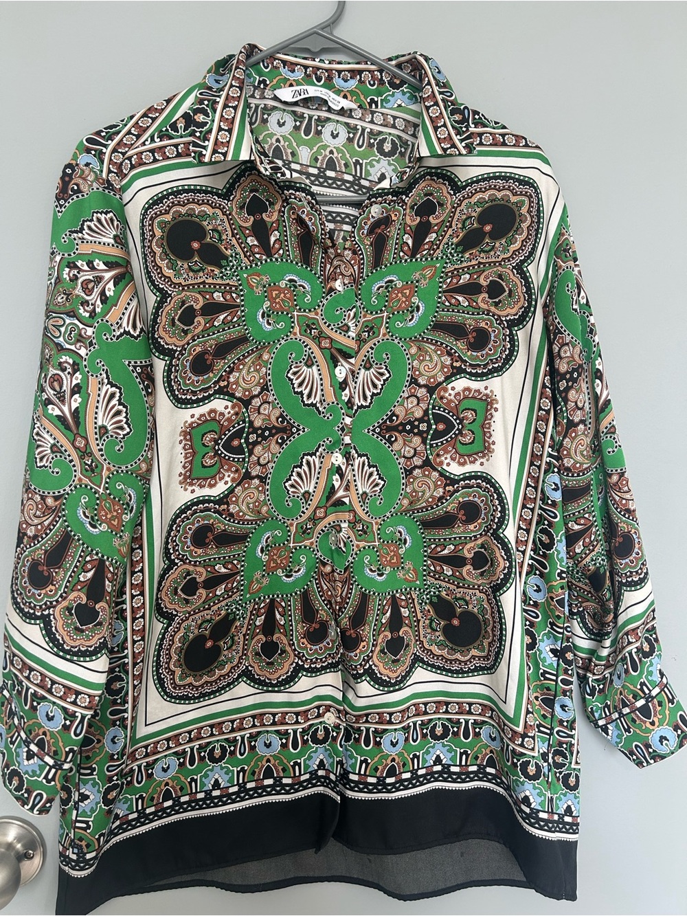 Zara Green Black Cream Paisley-Print Button-Down Shirt